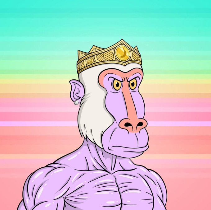 A cartoon illustration of a muscular purple gorilla wearing a gold crown, set against a pastel gradient background with horizontal stripes.