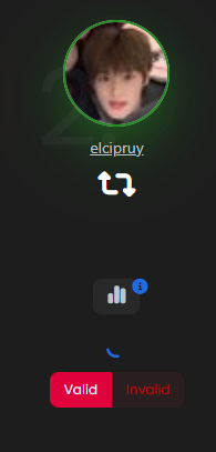 A profile screen for user 'elcipruy.' showing a circular avatar, a swap arrows icon, and a 'Valid' button highlighted in red.