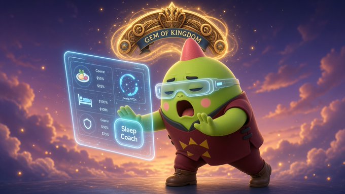 A digital illustration featuring a tired, green, pointy-headed cartoon character in red overalls and futuristic goggles, standing against a cloudy sky while interacting with a holographic interface labeled 'GEM OF KINGDOM' and 'Sleep Coach'.