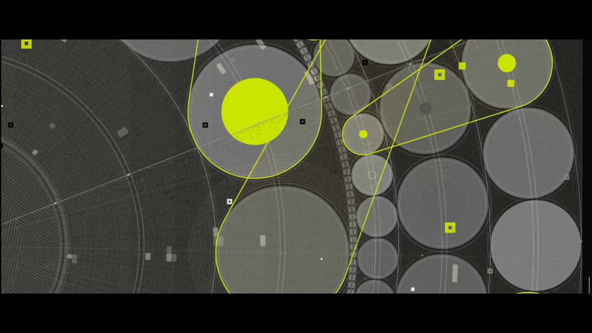 The image features an abstract art piece with various circles, some of which are yellow, creating a sense of depth and complexity. The circles appear to be overlapping each other, forming a complex pattern that draws attention. The background of the image is black, providing contrast for the vibrant colors of the circles. The text in the image reads "Oh yeah - full screen mode on the @artblocks_io site is the very best way to see my Gift of Time #363 by ManuelLarino It truly is a gift to behold."