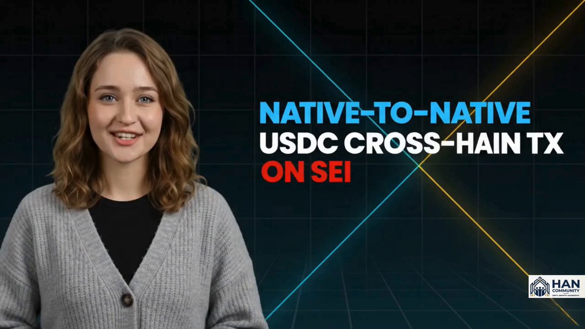 The image features a smiling woman wearing a gray sweater with a black collar. The background of the image is blue, which contrasts with her outfit. There are two lines drawn across the image, one above the woman's head and another below her feet. These lines appear to be in red and yellow colors. The text "Native-to-Native USDC Cross-Hain TX" can also be seen on the image.