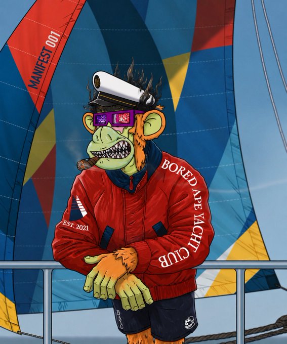 A digital artwork of a Bored Ape Yacht Club character wearing a captain's hat, sunglasses, and a red jacket with 'BORED APE YACHT CLUB EST. 2021', set against colorful sails including 'MANIFEST 001'.