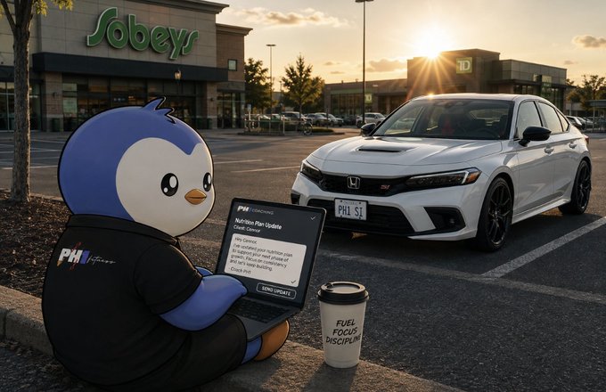 A cheerful $PENGU mascot, dressed in a black t-shirt with a "PH" logo, sits outside a Sobeys in a parking lot, holding a laptop displaying a "NutGrow Plan Update" email while sipping from a "Fuel Focus Discipline" coffee. Behind him, a white Honda Civic Type R with the license plate "PH1-SJ" is parked in the golden morning light, tying into the post's theme of an early start, discipline, and client programming—likely symbolizing the "rolling with the punches" grind of a productive morning routine.