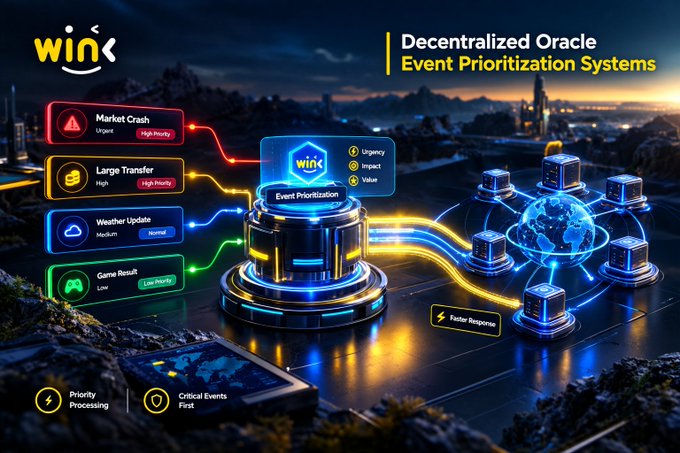 A digital graphic titled 'Decentralized Oracle Event Prioritization Systems' displays a futuristic scene with data streams flowing from event cards (Market Crash, Large Transfer, Weather Update, Game Result) into a central 'Event Prioritization' hub, branded with the 'wink' logo.