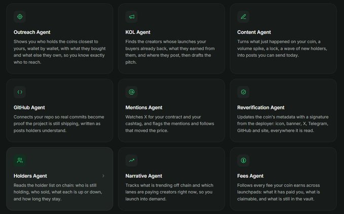 Dark-themed interface displaying a grid of eight AI agent modules: Outreach Agent, KOL Agent, Content Agent, GitHub Agent, Mentions Agent, Reverification Agent, Holders Agent, Narrative Agent, and Fees Agent, each with a brief description of its function.