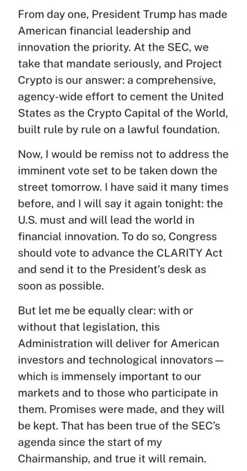 A screenshot showing a speech excerpt where SEC Chairman Paul Atkins emphasizes American financial leadership through "Project Crypto," while urging Congress to advance the CLARITY Act to maintain U.S. dominance as the "Crypto Capital of the World."