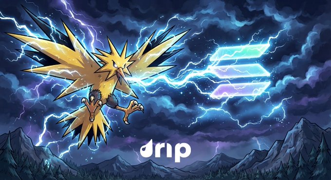 A stylized Zapdos, the Electric-type Pokémon, unleashes crackling lightning bolts against a stormy night sky, with the word "drip" displayed at the bottom. The image complements the post by announcing the inclusion of Pokémon NFTs on Solana's blockchain through Drip Shop's marketplace.