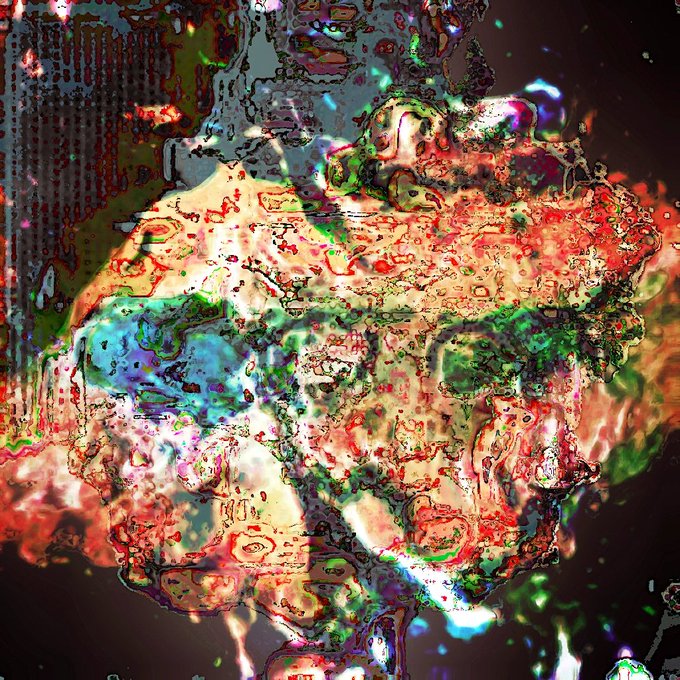 An abstract, highly distorted digital artwork features swirling, melted textures in vibrant reds, greens, and yellows with iridescent bubbles against a dark background.