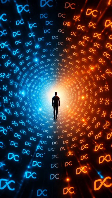 A digital art piece showing a silhouette of a person standing in a tunnel of blue and orange infinity symbols, facing a bright light at the end.