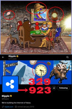 A composite image showing a crypto meme artwork of people playing cards with a person in jail above a Ripple Twitter profile showing a score change from 329 to 923.
