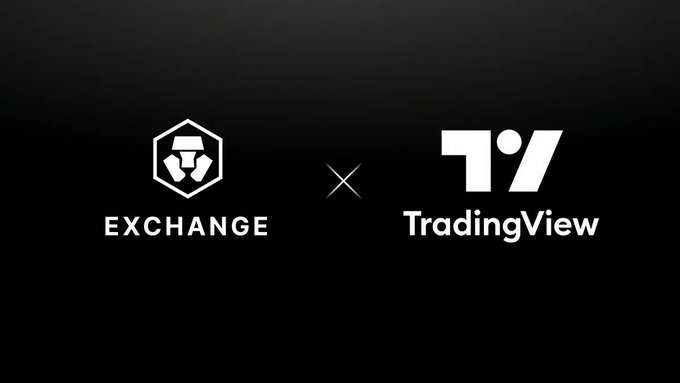 The image features two logos, a lion logo at the top and a white "@Cryptocom_Exch" symbol below. The text above these symbols reads "Exchange", followed by a description that says "just went live today! Now you can securely connect your Crypto.com Exchange account via OAuth 2.0 and execute spot trades directly on TradingView's world-class charts".