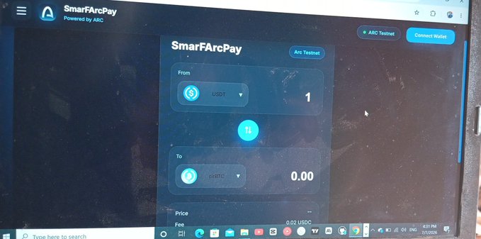 A laptop screen displaying the SmarFArcPay (Powered by Arc) swap interface on Arc Testnet, showing a conversion of 1 USDT to 0.00 pSEATC.