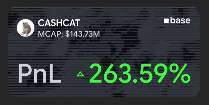 Trading card displaying 'CASHCAT' token with MCAP: $143.73M on Base, showing a PnL gain of +263.59% in green.