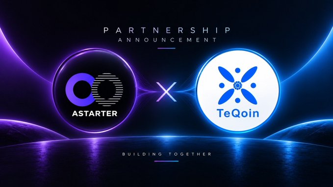 A partnership announcement graphic featuring the AStarter and TeQoin logos with 'BUILDING TOGETHER' text, displayed against a dark purple and blue futuristic background with light effects.