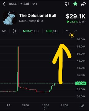 A trading chart screenshot for 'The Delusional Bull' token showing a $29.1K market cap, a 22.6% 24-hour gain, with a hand-drawn yellow arrow pointing to a sharp price spike on the MCAP/USD chart.