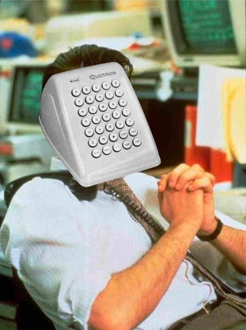 A surreal photo composite of a businessman at his desk with a 'QUOTRON' stock ticker device instead of a head, with green-screened monitors in the background.