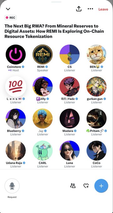 A screenshot of a recorded Clubhouse session titled "The Next Big RWA? From Mineral Reserves to Digital Assets: How REMI Is Exploring On-Chain Resource Tokenization," featuring host Coinstore, speaker REMI, and various listeners including CS, BEN, Lens, Jilly, 파즈 | Fadz, gurkan gun, Blueberry, Jay, Madara, Pritam, Udana Raja, CARL, Luna, and CoCo.