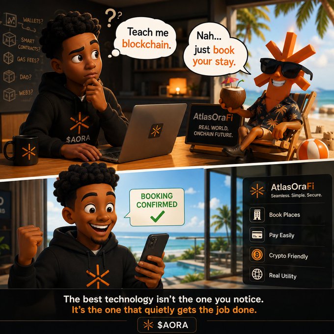 A two-panel promotional comic for $AORA featuring AtlasOraFi, where a character asks to learn blockchain but is told to just book a stay, followed by a 'Booking Confirmed' success screen.