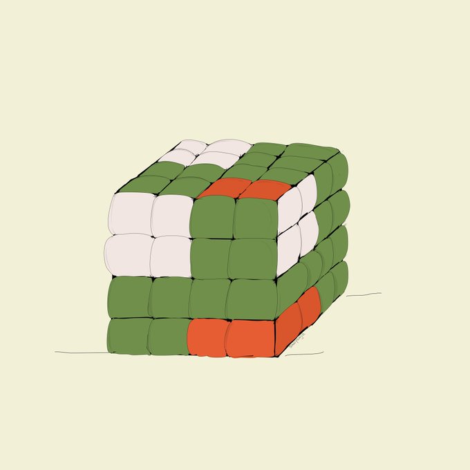 A digital illustration depicts a 5x5 puzzle cube wrapped in a green and white checkered pattern with scattered red squares, rendered in a sketch-like style on a pale background.