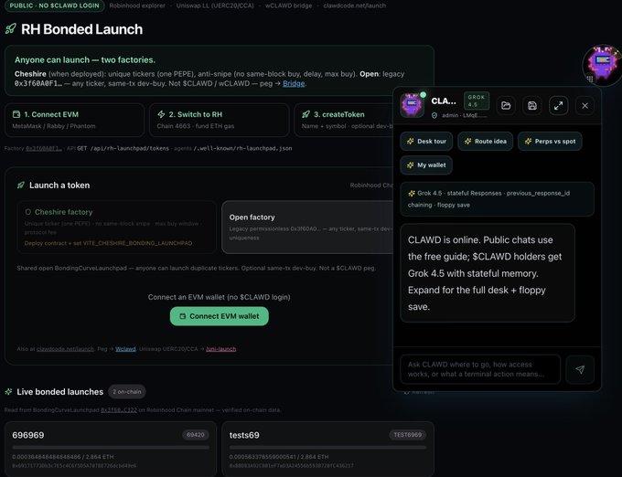 Screenshot of the 'RH Bonded Launch' page on clawdode.net, showing a token launch interface with options for 'Cheshire factory' and 'Open factory' on the Robinhood Chain (Uniswap L1), alongside a CLAWD AI assistant chat panel.