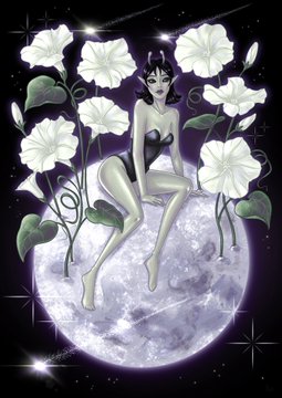 An illustration of a dark-haired woman sitting on a glowing crescent moon, surrounded by white morning glory flowers against a starry night sky.