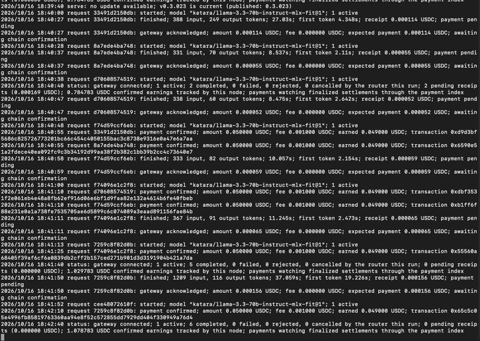 A terminal log display showing AI processing activity, with timestamps from 2026/10/16 and references to model 'katara/llama-3.3-70b-instruct-mlx-f16' processing payment requests with various amounts in USDC.