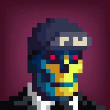 A pixel-art portrait of a humanoid figure with red eyes, wearing a dark cap with "PUDGY" visible, set against a dark red background.