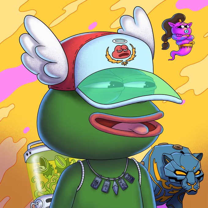 Cartoon illustration of a green Pepe-style frog character wearing a winged red cap with an angry emblem, a necklace with dog tags, holding a green spray can, accompanied by a pink winged cat creature and a blue panther-like figure.