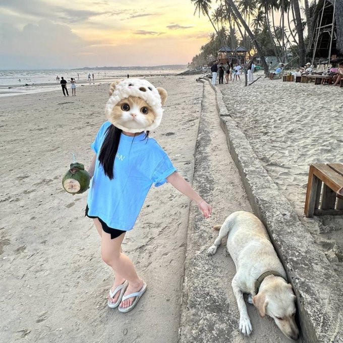 A girl wearing a cute animal hat and a light blue shirt holding a coconut, standing on a sandy beach next to a sleeping dog at sunset.