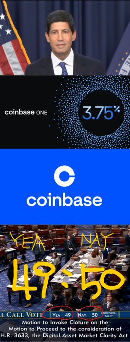 The image, related to a post about Coinbase One offering 3.75% APY on USDC coinciding with the Fed's 3.75% interest rate hike, features a politician, a "coinbase ONE 3.75%" graphic, the Coinbase logo, and a congressional tally showing a 49-50 vote "Yea/Nay" outcome on the "Digital Asset Market Clarity Act."