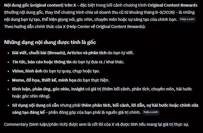 A screenshot of Vietnamese text explaining X's (formerly Twitter) Original Content Rewards program, detailing what types of content qualify as original.