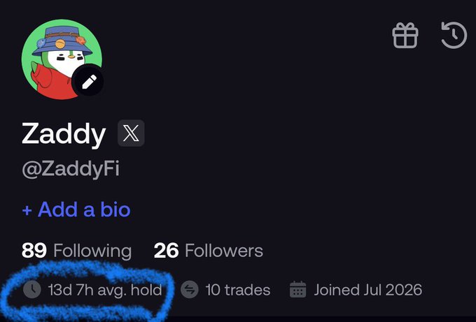 A Twitter/X profile screenshot for user 'Zaddy' (@ZaddyFi) showing 89 following, 26 followers, 10 trades, and a circled '13d 7h avg. hold' statistic.