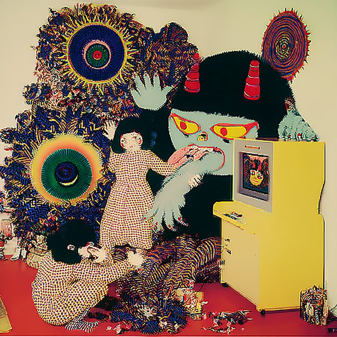 A vibrant illustration in a Japanese folk-art inspired style featuring a demon-like figure with horns, surrounded by swirling patterns and children playing video games on a yellow arcade cabinet.