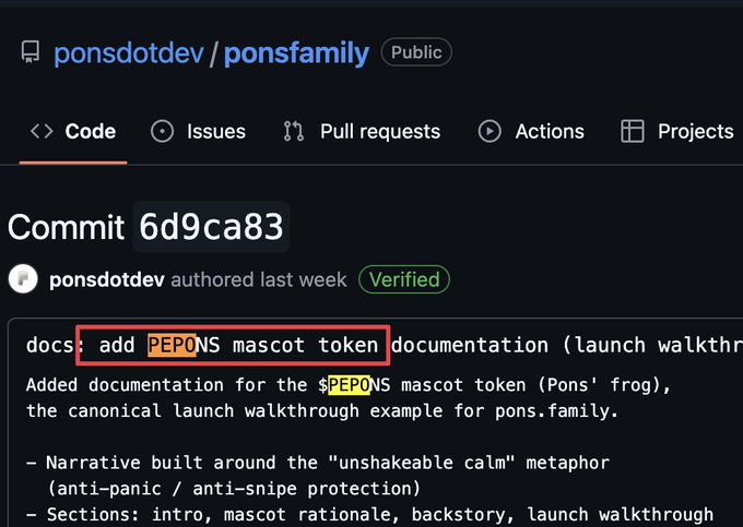 A GitHub commit page for the repository 'ponsdotdev / ponsfamily' showing a commit titled 'docs: add PEPONS mascot token documentation' about a $PEPONS token.