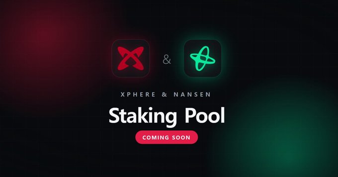 A promotional graphic announcing 'XPHERE & NANSEN Staking Pool COMING SOON' with red and green logos against a dark background.