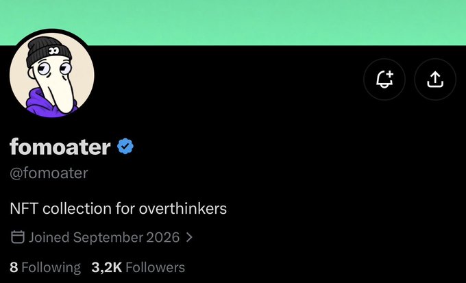 A Twitter profile page for "fomoater" (@fomoater) featuring a Pepe-the-Frog style cartoon avatar in a purple hoodie, with the bio "NFT collection for overthinkers," 3.2K followers, and joined September 2026—contextualizing the upcoming free NFT mint on Robinhood referenced in the post.