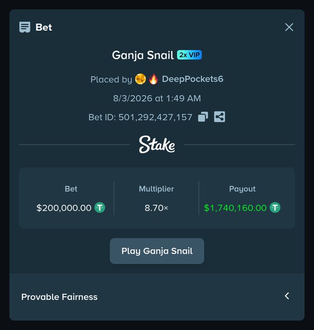 A Stake betting slip from user "DeepPockets6" showing a $200,000.00 bet on "Ganja Snail" with an 8.70x multiplier for a $1,740,160.00 payout on 8/3/2026, tagged as proof for the "Trains" challenge on Stake.