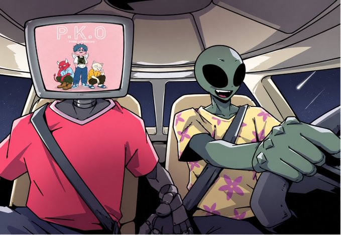 A friendly green alien with a big smile drives a UFO alongside a TV-headed character whose screen displays "P.K.O NFT" featuring cartoon characters in space. The whimsical, cosmic artwork ties directly into the post's teaser for an upcoming PKO NFT pre-mint AMA with the Zorpians, hinting at an intergalactic collaboration.