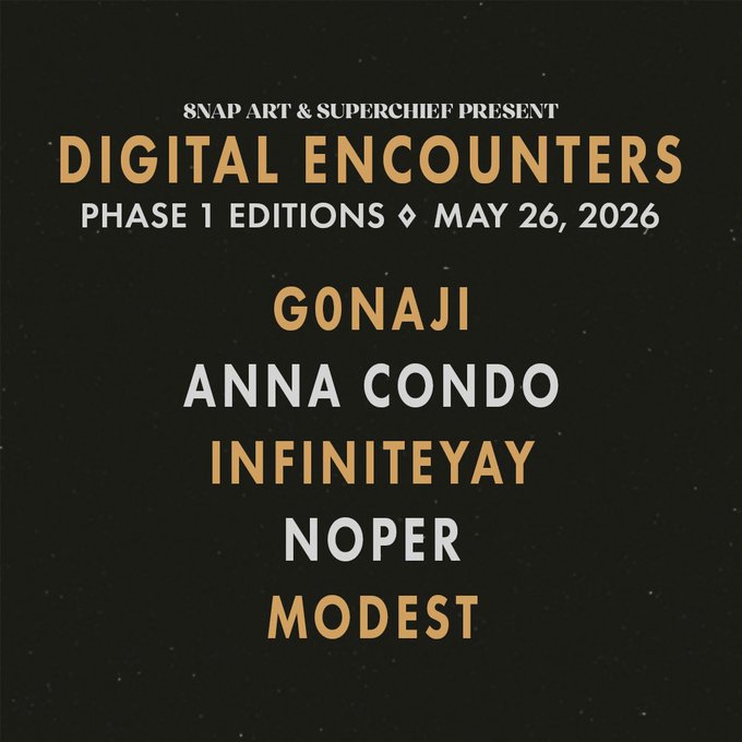 The image features a poster for an event called "Digital Encounters". It displays the names of several artists who have contributed to this event, including "Gonaji", "Anna Condo", "Infiniteyay", and "m0dest___". The poster also includes information about the event's theme and date.