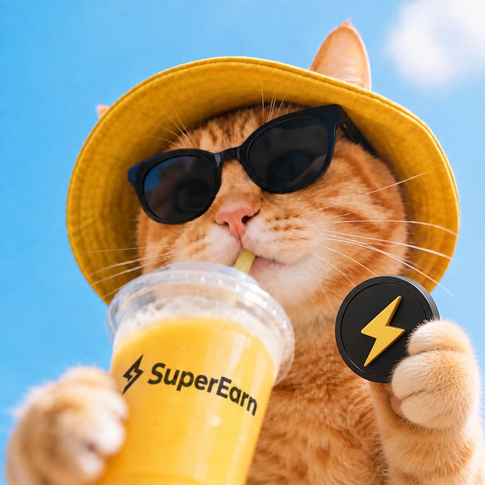 An orange tabby cat wearing a yellow bucket hat and black sunglasses sips orange juice from a cup labeled 'SuperEarn' while holding a black and gold coin.