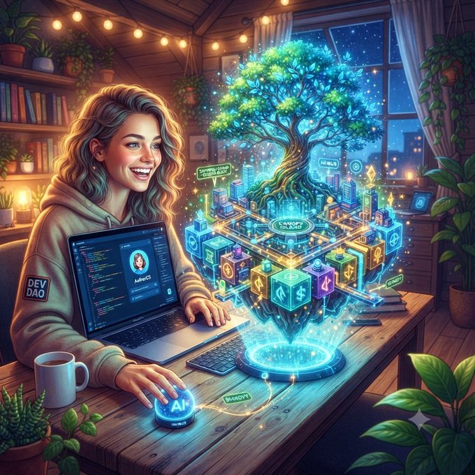 A vibrant digital illustration of a smiling woman in a 'DEV DAO' hoodie working on a laptop, with a glowing holographic tree and floating cryptocurrency cubes (including Ethereum and Dollar symbols) hovering above her desk.