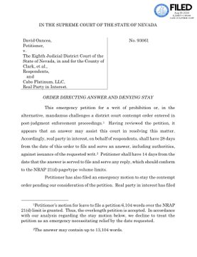 A court document from the Eighth Judicial District Court of Nevada (Case No. 90981) showing an "Order Directing Answer and Denying Stay" in a case where Petitioner Dave Oancea (Vegas Dave) requested an emergency stay of a writ of possession related to NRAP 21(b) deadlines, with the caption highlighting the text "IN THE SUPREME COURT OF THE STATE OF NEVADA" and the title "ORDER DIRECTING ANSWER AND DENYING STAY."