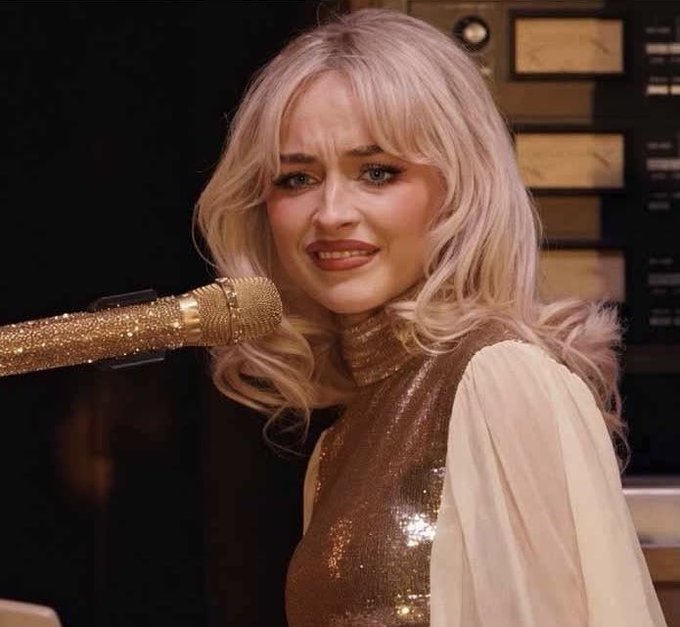 A woman with blonde hair and bangs singing into a gold microphone, wearing a sequined top with sheer sleeves.