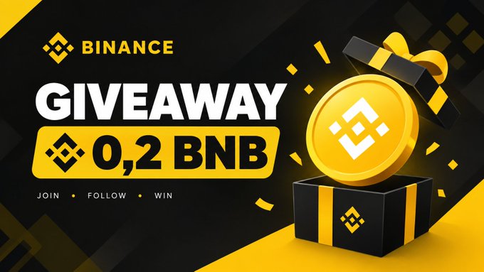 A Binance cryptocurrency giveaway advertisement offers 0.2 BNB, with text reading 'JOIN • FOLLOW • WIN' alongside a graphic of a gold coin emerging from a gift box.