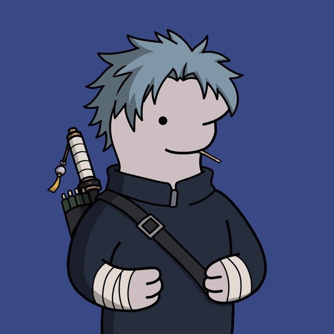 A cartoon-style illustration of a character with spiky gray hair, a stick in his mouth, wrapped hands, and a sword strapped to his back, set against a solid blue background.