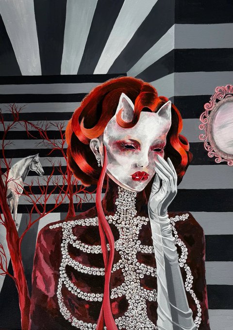 Stylized surrealist painting of a red-haired woman wearing a white cat/mice mask and white gloves, dressed in a dark red gown covered in pearls, set against a black and white striped background with a white horse and red branches visible.