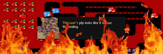 A retro arcade-style game screenshot featuring pixelated flames, cherry icons, and numbered mushrooms shows a dialogue box reading "This user's pfp looks like it knows the ending." alongside a character image, humorously suggesting the post's bullish NFT "Based Banners" mint update (price cut to 0.005 ETH and increased wallet limits) is foreshadowing positive gains.
