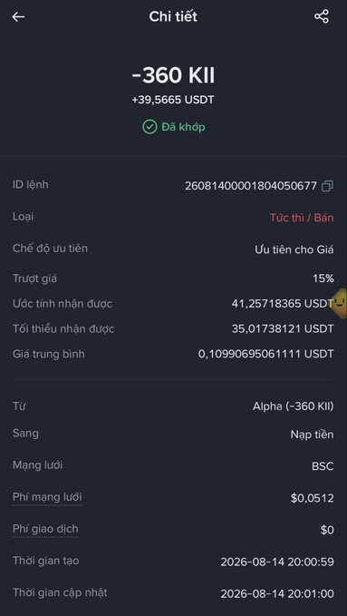 A Vietnamese cryptocurrency transaction details screen showing '-360 KII', '+39,5665 USDT', and details like order ID, type 'Tức thì / Bán', and network 'BSC'.