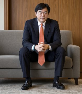 A man in a dark suit with an orange tie sits on a gray sofa, hands clasped, with no visible text or identifying information in the image. The accompanying post attributes a bullish crypto outlook to a former UBS Asia investment banking head, suggesting the image depicts the anonymous-looking professional making this prediction.