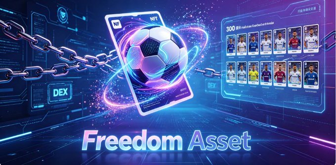 A futuristic digital display showcases "Freedom Asset" branding alongside an NFT-traded football/soccer ball and a marketplace interface featuring "300" licensed football cards, with "DEX" and "NFT" labels tying into the post's theme of RWA-class NFTs needing real liquidity across open crypto marketplaces like Sorare.